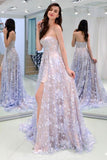 Charming Sweetheart Strapless Lace Appliques Lilac Prom Dresses with Slit P1484