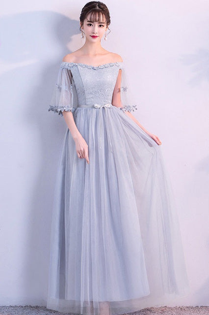 Off the Shoulder Blue Short Sleeve Tulle Bridesmaid Dresses, Floor Length Wedding Party Dress PW917