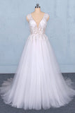 A Line Straps V Neck Lace Appliques Tulle Wedding Dresses Long Wedding Gowns W1128
