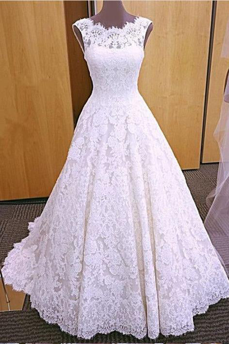 Chic Romantic Open Back A line Short Train Lace Ivory Long Wedding Dresses uk PW149
