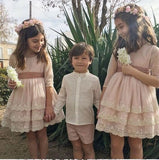 A Line Half Sleeves Pink Round Neck Flower Girl Dress with Appliques FG1033