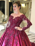 Ball Gown Long Sleeves Burgundy Satin Beads Prom Dress with Appliques Quinceanera Dress P1405