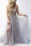 A Line Tulle V-Neck Applqiues Prom Dress With Slit Spaghetti Straps Long Formal Dress P1270