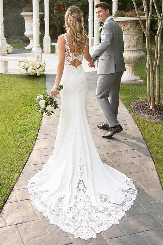 Spaghetti Straps Lace Open Back Mermaid Off White Wedding Dresses Bridal Dresses W1106