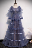 Elegant A Line Long Sleeve Tulle Round Neck Long Prom Dresses Lace up Evening Dresses P1205