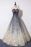 Charming Blue Floral Print Tulle Strapless Long A Line Prom Dresses, Dance Dresses P1228
