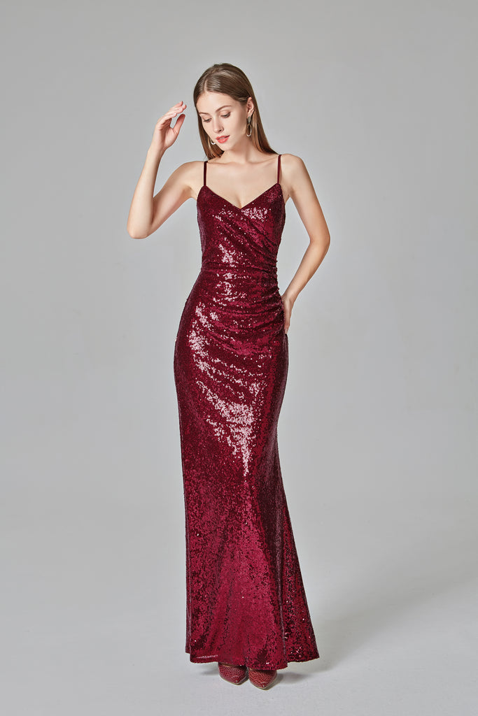 Spaghetti Straps Burgundy Prom Dresses Mermaid Sequins Party Dresses Dance Dresses XU90811