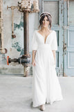 Simple A Line Ivory Chiffon V neck Wedding Dresses, Half Sleeve Long Wedding Gowns W1185