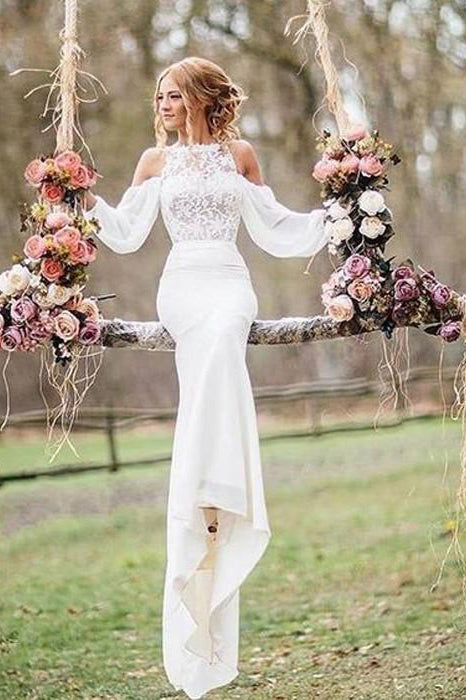 Affordable Unique Design Lace Top Long Sleeves Mermaid Long Wedding Dress PM261