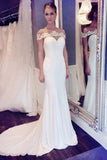 Elegant Off the shoulder Mermaid Long White Wedding Dress with Train PM131
