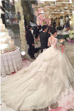 Ball Gown Ivory Sweetheart Sweep Train Long Tulle Long Sleeves Appliques Wedding Dresses
