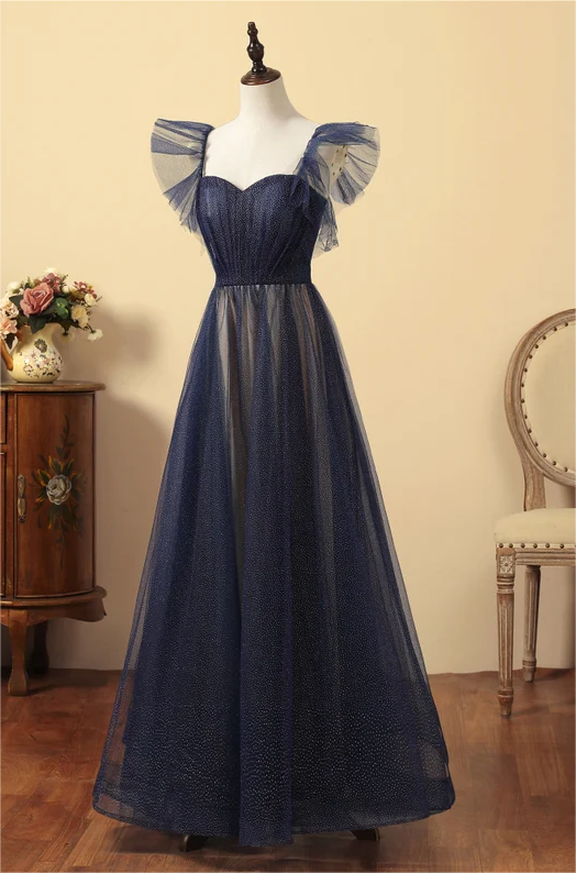 Dark Blue Flying Sleeves Prom Dress Sparkly Graduation Dress PM205
