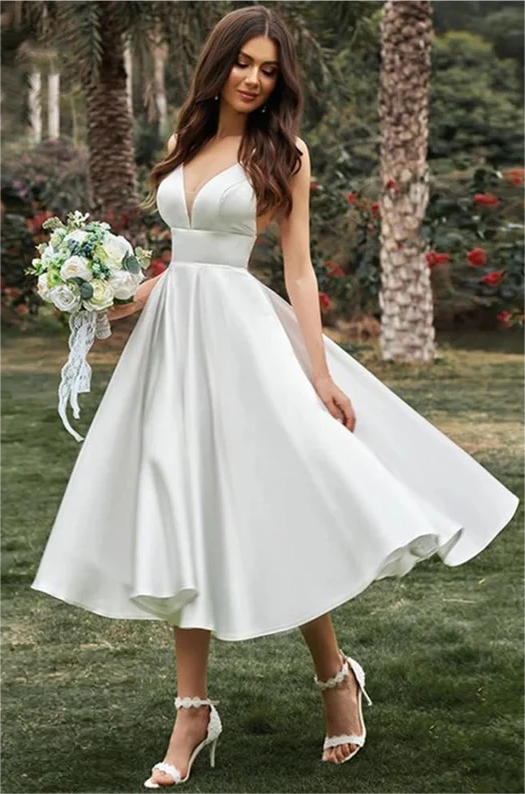 Simple Spaghetti Straps Tea Length Wedding Dress Reception Dress PM202