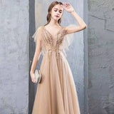 A Line V Neck Tulle Long Prom Dress, Evening Dress with Beading PH1800