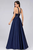 Halter Sequin Navy Blue Prom Dress Backless Satin Long Evening Dress P1173