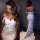Mermaid Off The Shoulder Ivory Sparkle Sequins Long Party Dress