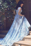 Elegant Spaghetti Straps Lace Flower Light Blue Sleeveless Zipper Tulle Prom Dresses uk PH260
