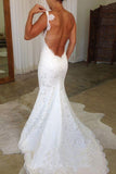 Charming Spaghetti Straps Lace Backless Off White Mermaid Wedding Dresses W1113