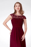 Elegant A Line Cap Sleeve Burgundy Lace Prom Dress with Chiffon Bridesmaid Dress P1176