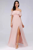 Charming Off Shoulder Ruffle Pink Chiffon Long Prom Dresses Bridesmaid Dresses P1184