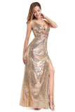 A Line Spaghetti Straps Sequins V-Neck Backless Prom Dress with Side Slit Formal Dress P1196
