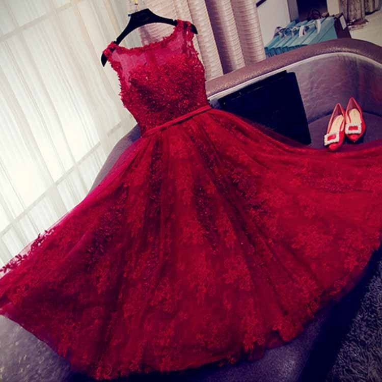Fashion A-Line Scoop Sleeveless Red Long Homecoming Dress With Appliques PM14