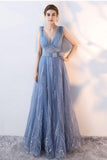 Chic A-Line V-Neck Tulle Blue Modest Sleeveless Backless Long Floor-Length Prom Dresses uk PH175