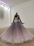 Sparkly Ball Gown Ombre Half Sleeves Jewel Long Prom Dress Beads Quinceanera Dress P1423