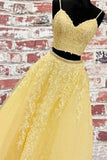A Line Spaghetti Straps Yellow Two Pieces Prom Dress, Tulle V Neck Evening Dress PD16