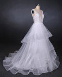 Elegant V-Neck Tulle Open Back Wedding Dress Asymmetrical Long Bridal Dress W1143