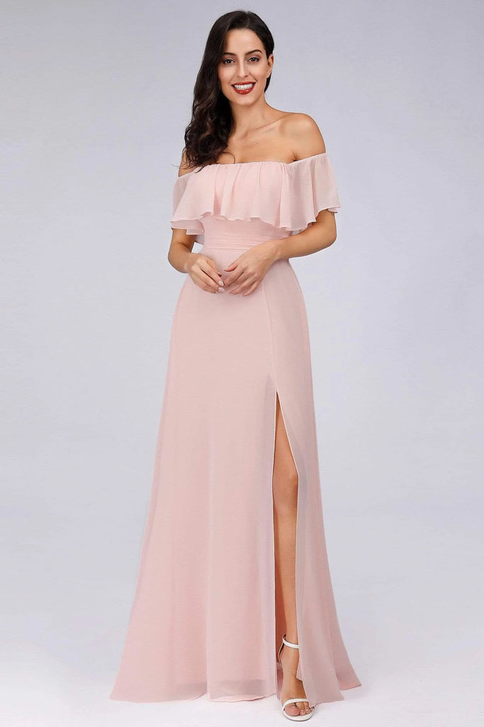 Charming Off Shoulder Ruffle Pink Chiffon Long Prom Dresses Bridesmaid Dresses P1184