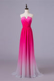 A-line Ombre Princess Long Cheap Gradient Chiffon Strapless Hot Pink Prom Dresses UK PH342