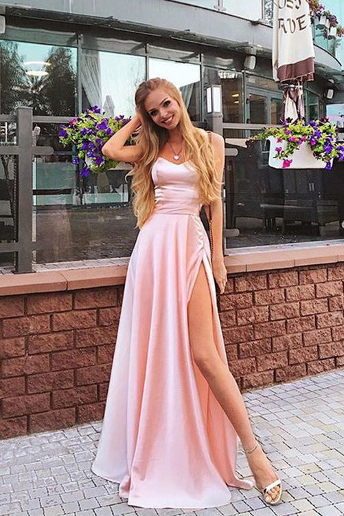 Elegant A Line Sweetheart Spaghetti Straps Chiffon Slit Pink Long Prom Dresses uk PW108