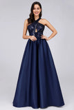 Cold Shoulder Sequin Navy Blue Prom Dresses Backless Satin Long Evening Dresses P1173