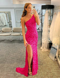 Charming Mermaid Glitter One Shoulder Side Slit Open Back Prom Dress
