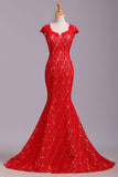 Elegant Red Sweetheart Mermaid Lace Cap Sleeve Open Back Prom Dress,Party Dresses uk PW175