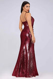 Sexy Spaghetti Straps Burgundy Sequins V-Neck Party Dress Mermaid Prom Dress P1170