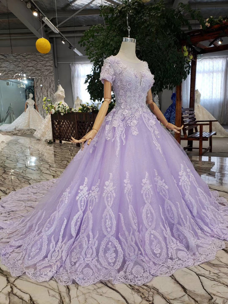 Unique Short Sleeve Lilac Ball Gown Appliques Beading Prom Dresses Quinceanera Dresses P1134