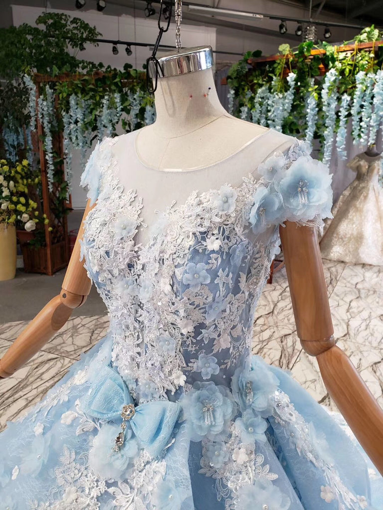 Princess Light Blue Ball Gown Cap Sleeve 3D Flowers Prom Dresses P1133