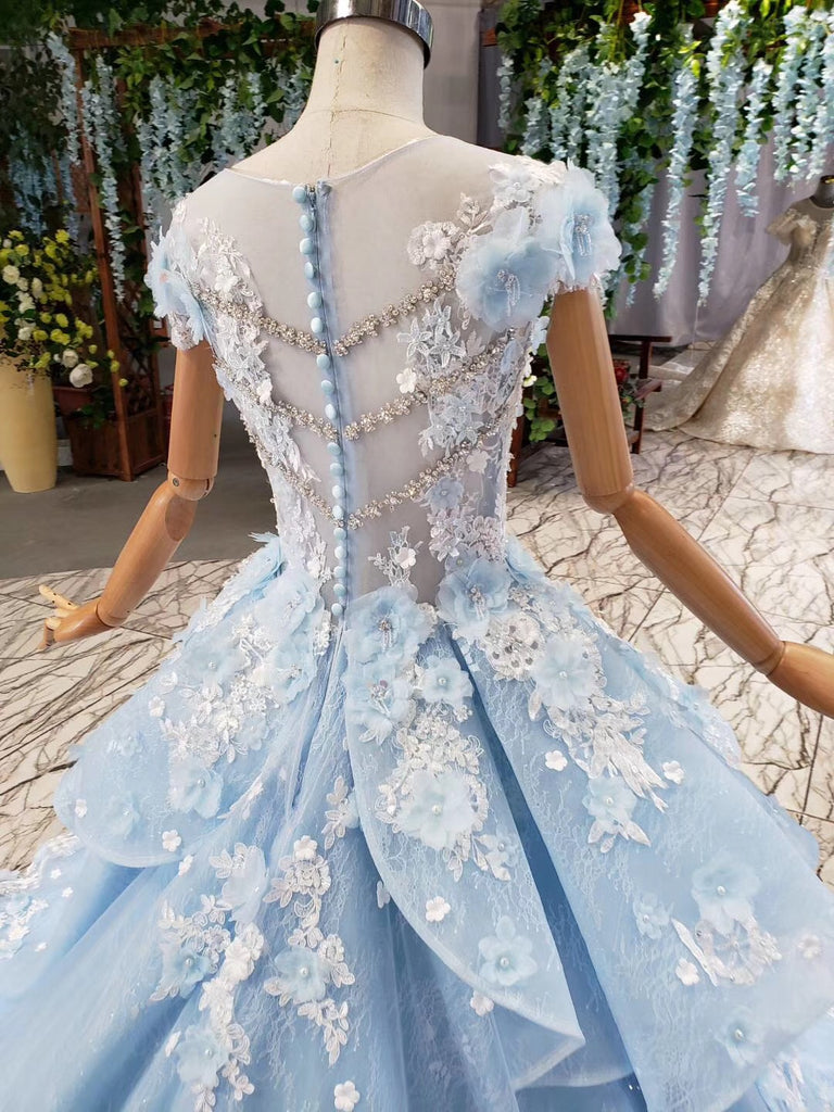 Princess Light Blue Ball Gown Cap Sleeve 3D Flowers Prom Dresses P1133