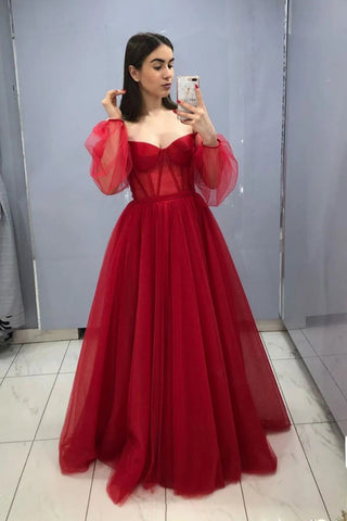 Ball Gown Red Off the Shoulder Long Sleeves Tulle Sweetheart Prom Formal Dresses P1544