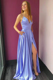 A line Lilac Satin V Neck Spaghetti Straps Split Prom Dresses with Pockets, Dance Dress P1563