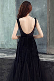 Simple Black Straps Tulle Backless Prom Dress P1308