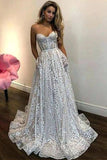 A Line Sweetheart Strapless Sweep Train Lace Pockets Wedding Dress with Sequins W1121