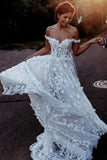 A Line Sweetheart Off the Shoulder Tulle Ivory Long Wedding Dresses with Appliques W1242