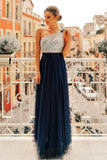 Flowy One Shoulder Navy Blue Tulle Long Prom Dress Formal Dress P1193