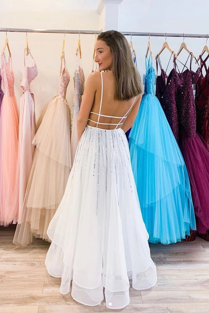 Puffy White V-Neck Tulle Sequins Long Prom Dress A Line Backless Evening Dress P1277