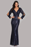 Long Split Sleeve Mermaid V Neck Dark Navy Blue Sequins Prom Dresses, Formal Dress XU90814