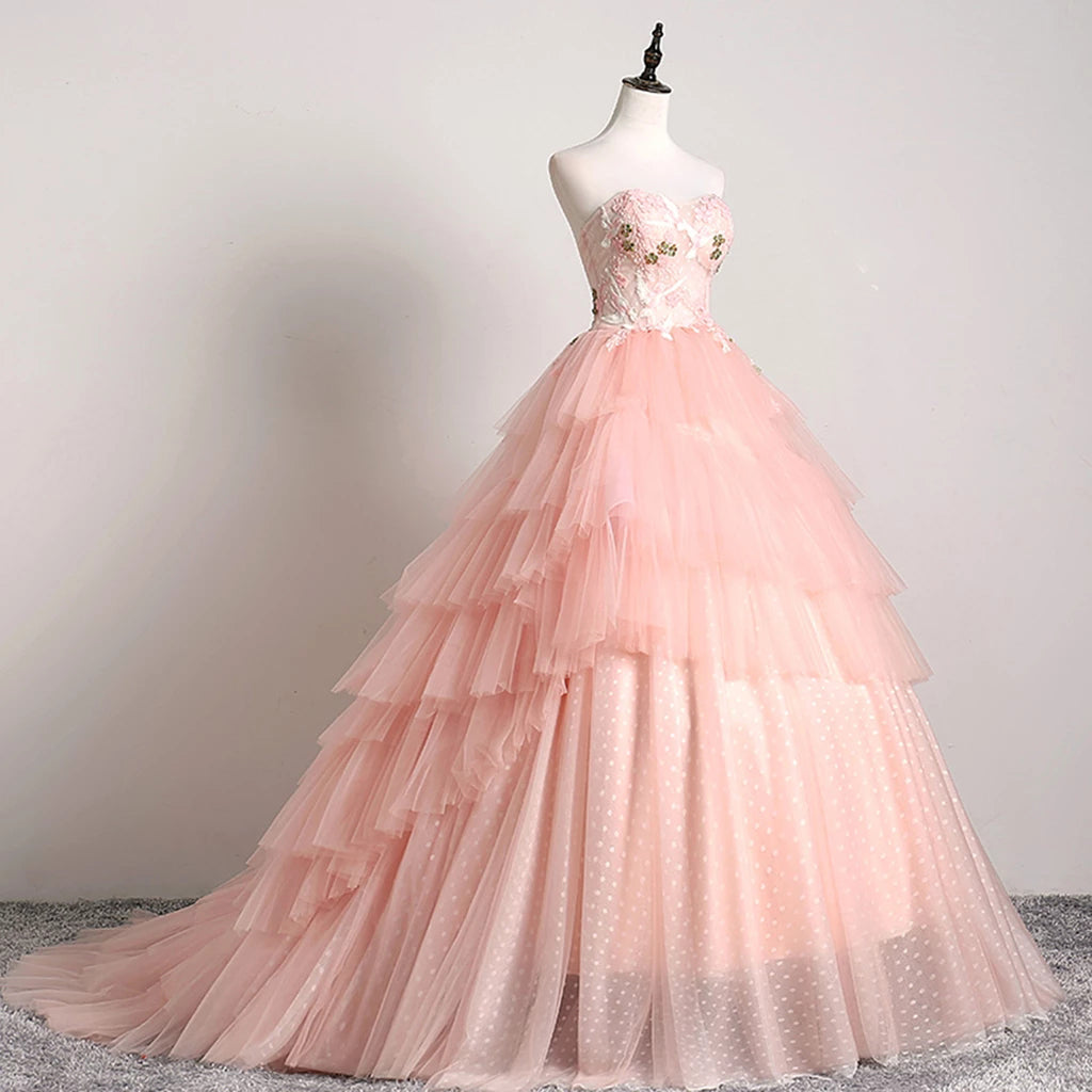 Princess Ball Gown Pink 3D Lace Multi-layered Prom Dress Tulle Quinceanera Dress P1244