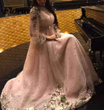 Sparkly Long Sleeves Beading Prom Dress with Hand Made Flowers Long Dance Dress P1411